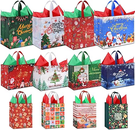 AhfuLife 12 Stück Geschenktüten Weihnachten mit Seidenpapier, Wiederverwendbare Weihnachtstüten Weihnachtstaschen, 4 Große 4 Mittlere und 4 Klein Geschenktüte Weihnachten für XMAS Geschenkverpackung