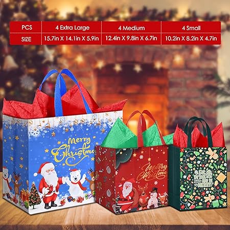 AhfuLife 12 Stück Geschenktüten Weihnachten mit Seidenpapier, Wiederverwendbare Weihnachtstüten Weihnachtstaschen, 4 Große 4 Mittlere und 4 Klein Geschenktüte Weihnachten für XMAS Geschenkverpackung