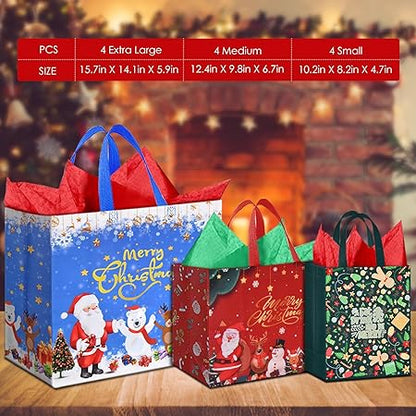 AhfuLife 12 Stück Geschenktüten Weihnachten mit Seidenpapier, Wiederverwendbare Weihnachtstüten Weihnachtstaschen, 4 Große 4 Mittlere und 4 Klein Geschenktüte Weihnachten für XMAS Geschenkverpackung