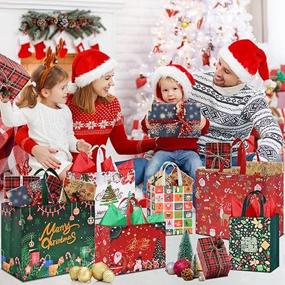 AhfuLife 12 Stück Geschenktüten Weihnachten mit Seidenpapier, Wiederverwendbare Weihnachtstüten Weihnachtstaschen, 4 Große 4 Mittlere und 4 Klein Geschenktüte Weihnachten für XMAS Geschenkverpackung