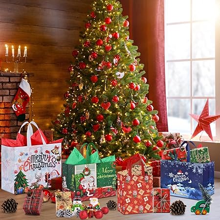 AhfuLife 12 Stück Geschenktüten Weihnachten mit Seidenpapier, Wiederverwendbare Weihnachtstüten Weihnachtstaschen, 4 Große 4 Mittlere und 4 Klein Geschenktüte Weihnachten für XMAS Geschenkverpackung