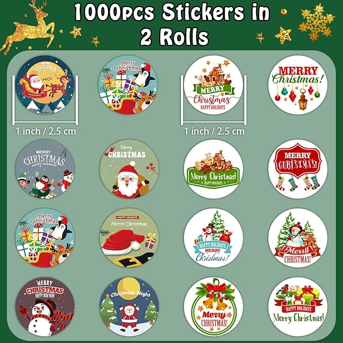 Leesgel Weihnachten Aufkleber Rolle, 1000 Stück Weihnachtsaufkleber Weihnachts Aufkleber Kinder Geschenkaufkleber Weihnachten Sticker, Christmas Sticker für Weihnachtskarten/Geschenktüten/Papiertüte