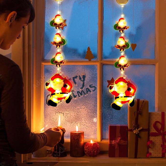 BrizLabs Weihnachtsdeko Fenster Lichter, 2 Stück LED Innen Fensterlichter Batterie Weihnachtsmann Hängende Lichterkette mit Saugnapf Weihnachtsbeleuchtung für Haus Zimmer Garten Balkon Bäume Tür Party