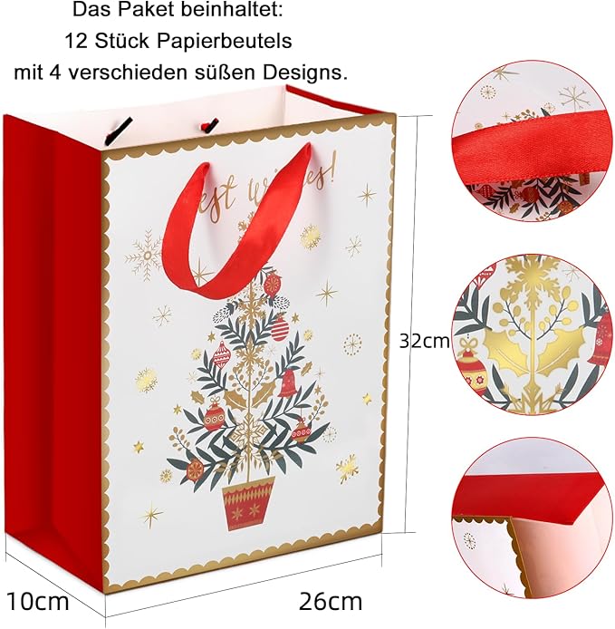 12 STK. Große Weihnachten Geschenktüten mit süßes Design, in Weiß/Rot, 32x26x10cm, Stabile Papier Weihnachtstaschen mit Schleife Henkel, Hochwertige Papiertüten für Geschenke