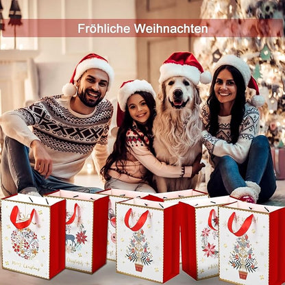 12 STK. Große Weihnachten Geschenktüten mit süßes Design, in Weiß/Rot, 32x26x10cm, Stabile Papier Weihnachtstaschen mit Schleife Henkel, Hochwertige Papiertüten für Geschenke