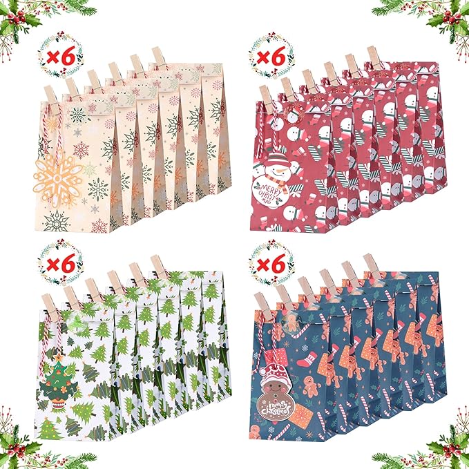 Gintan Papiertüten Kleine Geschenktüten Weihnachten 24 Pcs-4 Stile 6 Stücks, Kommt mit 24 kleinen Weihnachtskarten und 24 kleinen Clips weihnachtsgeschenktüte for Christmas Advent Calendar