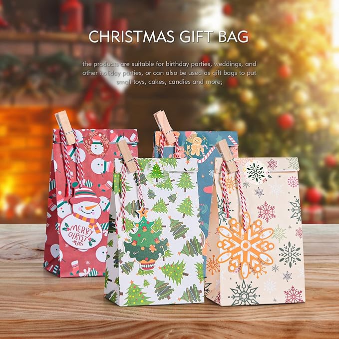 Gintan Papiertüten Kleine Geschenktüten Weihnachten 24 Pcs-4 Stile 6 Stücks, Kommt mit 24 kleinen Weihnachtskarten und 24 kleinen Clips weihnachtsgeschenktüte for Christmas Advent Calendar