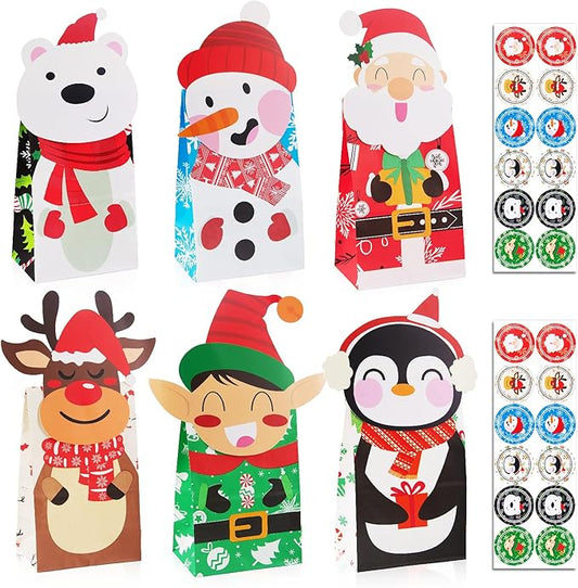 Gintan Papiertüten Kleine Geschenktüten Weihnachten 24 Pcs-4 Stile 6 Stücks, Papier Geschenktüten mit 24 Aufkleber Candy weihnachtsgeschenktüte for Christmas Advent Calendar Birthday Party