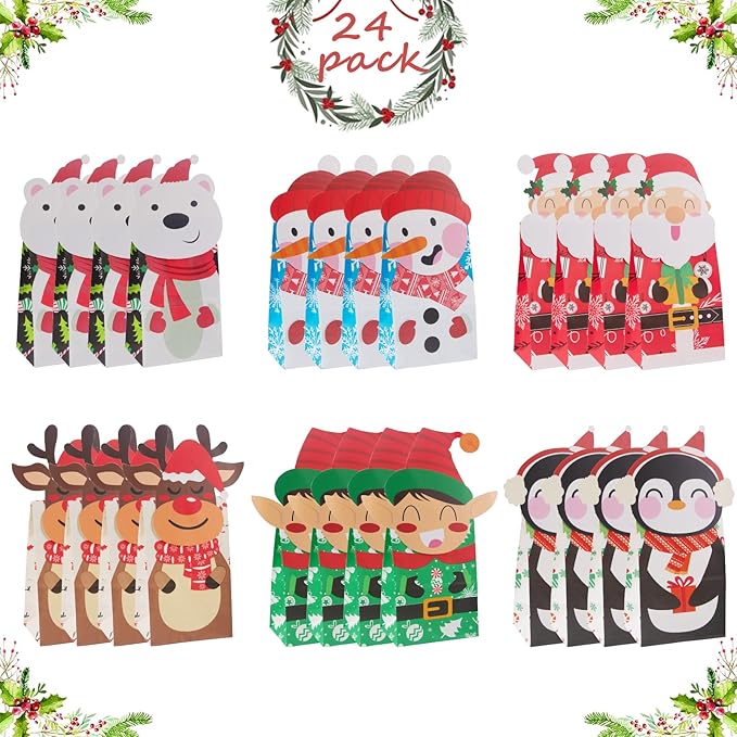 Gintan Papiertüten Kleine Geschenktüten Weihnachten 24 Pcs-4 Stile 6 Stücks, Papier Geschenktüten mit 24 Aufkleber Candy weihnachtsgeschenktüte for Christmas Advent Calendar Birthday Party