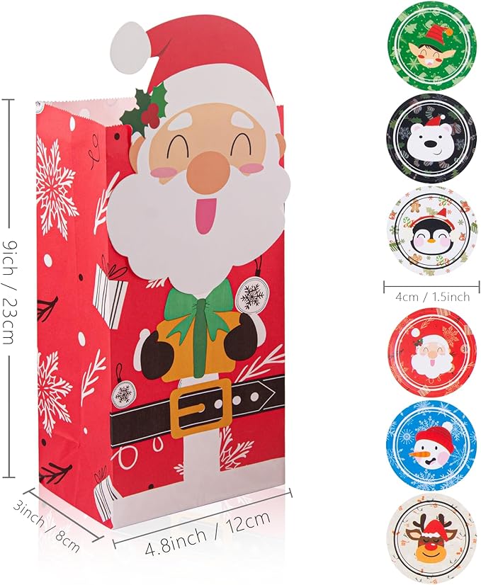 Gintan Papiertüten Kleine Geschenktüten Weihnachten 24 Pcs-4 Stile 6 Stücks, Papier Geschenktüten mit 24 Aufkleber Candy weihnachtsgeschenktüte for Christmas Advent Calendar Birthday Party