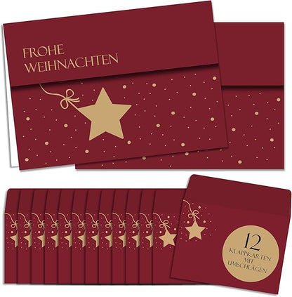 BIROYAL Weihnachtskarten mit Umschlag Set (12 Stück) | Weihnachtssterne Klappkarten | Coole Weihnachtskarte Weihnachtspostkarten Christmas Postkarte mit Umschlägen für deine Weihnachtsgrüße