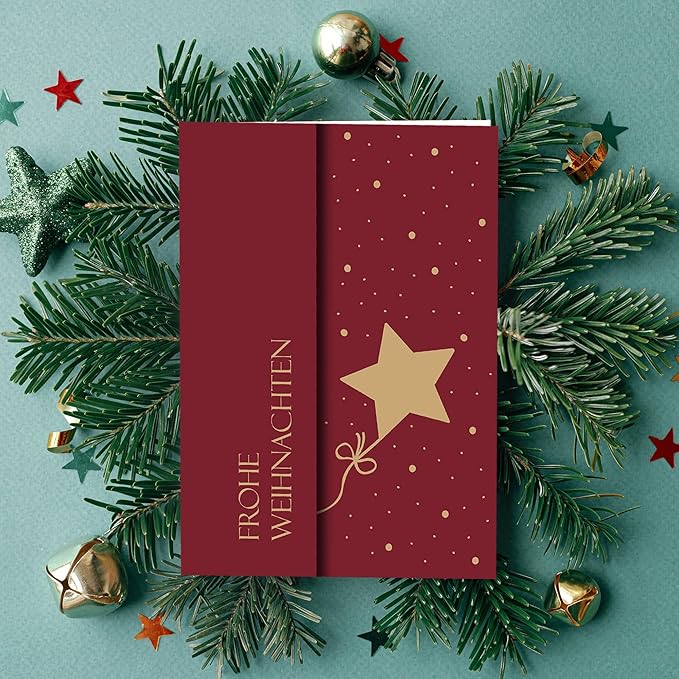 BIROYAL Weihnachtskarten mit Umschlag Set (12 Stück) | Weihnachtssterne Klappkarten | Coole Weihnachtskarte Weihnachtspostkarten Christmas Postkarte mit Umschlägen für deine Weihnachtsgrüße