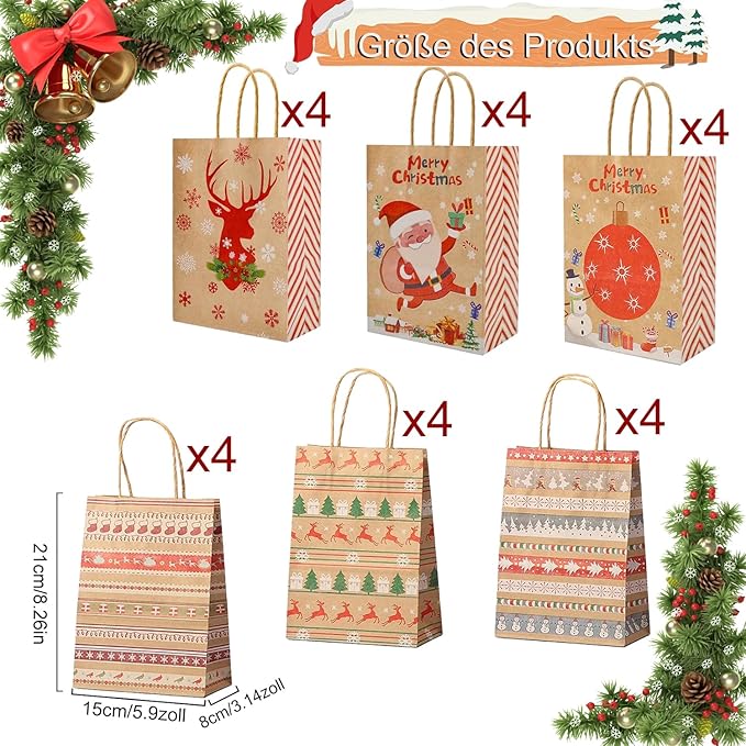 Geschenktüten Weihnachten, 24 Stück Weihnachtstüten Papiertüten mit Griff, Tüten Weihnachten,Kraftpapier Tüten, Weihnachtstüten mit Weihnachtsdruck zum Verpacken von Geschenken Geburtstag Partyzubehör