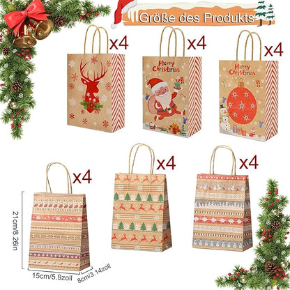 Geschenktüten Weihnachten, 24 Stück Weihnachtstüten Papiertüten mit Griff, Tüten Weihnachten,Kraftpapier Tüten, Weihnachtstüten mit Weihnachtsdruck zum Verpacken von Geschenken Geburtstag Partyzubehör