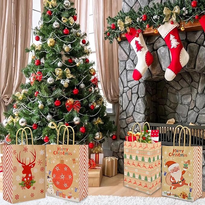 Geschenktüten Weihnachten, 24 Stück Weihnachtstüten Papiertüten mit Griff, Tüten Weihnachten,Kraftpapier Tüten, Weihnachtstüten mit Weihnachtsdruck zum Verpacken von Geschenken Geburtstag Partyzubehör