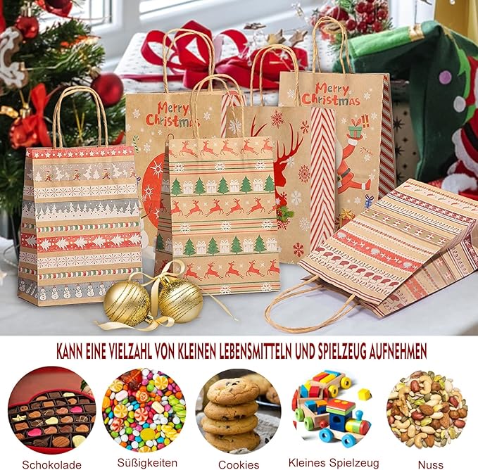 Geschenktüten Weihnachten, 24 Stück Weihnachtstüten Papiertüten mit Griff, Tüten Weihnachten,Kraftpapier Tüten, Weihnachtstüten mit Weihnachtsdruck zum Verpacken von Geschenken Geburtstag Partyzubehör