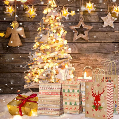 Geschenktüten Weihnachten, 24 Stück Weihnachtstüten Papiertüten mit Griff, Tüten Weihnachten,Kraftpapier Tüten, Weihnachtstüten mit Weihnachtsdruck zum Verpacken von Geschenken Geburtstag Partyzubehör