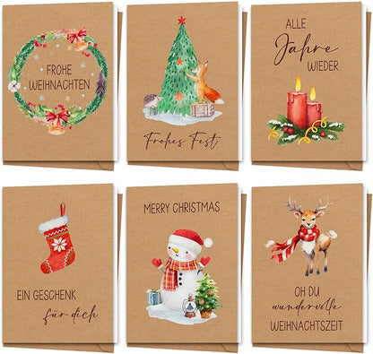 Weihnachtskarten mit Umschlag Set - 12 Stück Karte Weihnachten - A6 Weihnachtskarten Klappkarten aus Kraftpapier - Christmas Cards Weihnachtspostkarten - Lustig Weihnachtskarte für Familie Freund