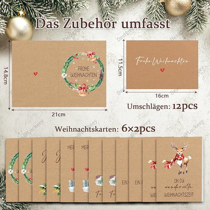 Weihnachtskarten mit Umschlag Set - 12 Stück Karte Weihnachten - A6 Weihnachtskarten Klappkarten aus Kraftpapier - Christmas Cards Weihnachtspostkarten - Lustig Weihnachtskarte für Familie Freund