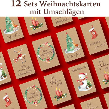 Weihnachtskarten mit Umschlag Set - 12 Stück Karte Weihnachten - A6 Weihnachtskarten Klappkarten aus Kraftpapier - Christmas Cards Weihnachtspostkarten - Lustig Weihnachtskarte für Familie Freund