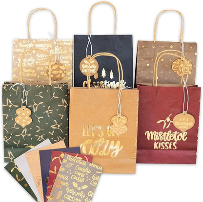 Papierdrachen 6 goldfolierte Geschenktüten zu Weihnachten - Christmas - 22x18x8cm - inkl. 6 Weihnachtskarten und Stanzanhänger - weihnachtliche Geschenkverpackung - Henkeltüten Set 2