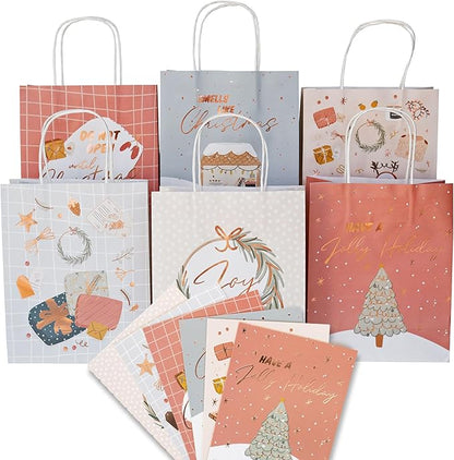 Papierdrachen 6 rosé-goldfolierte Geschenktüten zu Weihnachten - Eisblau - 22x18x8cm - inkl. 6 Weihnachtskarten - weihnachtliche Geschenkverpackung - Henkeltüten Set 5