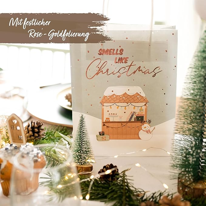 Papierdrachen 6 rosé-goldfolierte Geschenktüten zu Weihnachten - Eisblau - 22x18x8cm - inkl. 6 Weihnachtskarten - weihnachtliche Geschenkverpackung - Henkeltüten Set 5