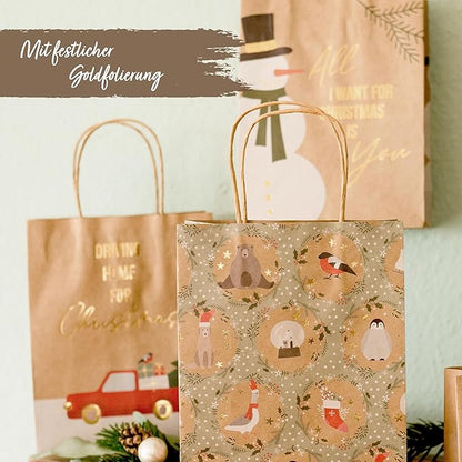 Papierdrachen 6 goldfolierte Geschenktüten zu Weihnachten - Scandi - 22x18x8cm - inkl. 6 Weihnachtskarten - weihnachtliche Geschenkverpackung - Henkeltüten Set 4