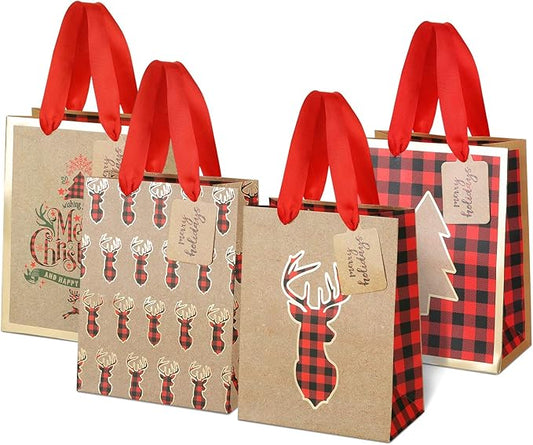 LIHAO 12 Stück Geschenktüten Weihnachten Kraft Papiertüten Weihnachtstüten Geschenktaschen Präsenttüten mit Griff Geschenkverpackung für Weihnachten Party