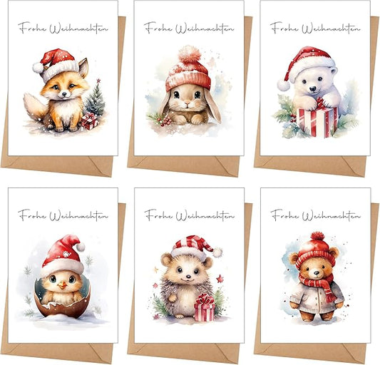 12 Weihnachtskarten mit Umschlag Set - Hochwertiges Klappkarten Weihnachten Set mit Sprüche - A6 Merry Christmas Cards Aquarell Waldtiere - Blanko Seiten zum Schreiben und Drucken