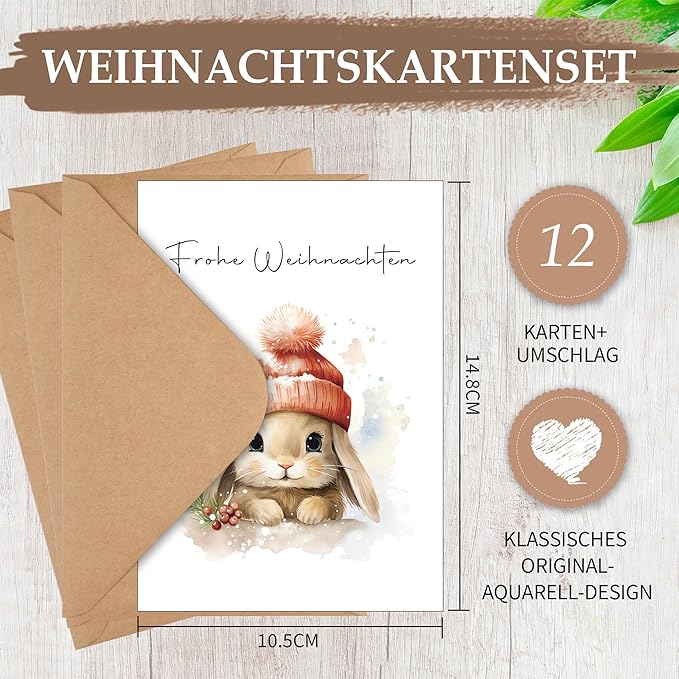 12 Weihnachtskarten mit Umschlag Set - Hochwertiges Klappkarten Weihnachten Set mit Sprüche - A6 Merry Christmas Cards Aquarell Waldtiere - Blanko Seiten zum Schreiben und Drucken