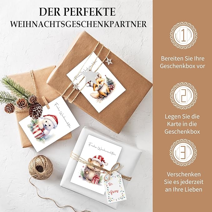 12 Weihnachtskarten mit Umschlag Set - Hochwertiges Klappkarten Weihnachten Set mit Sprüche - A6 Merry Christmas Cards Aquarell Waldtiere - Blanko Seiten zum Schreiben und Drucken