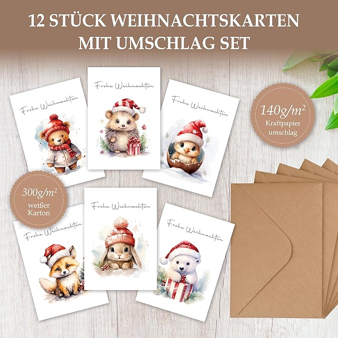 12 Weihnachtskarten mit Umschlag Set - Hochwertiges Klappkarten Weihnachten Set mit Sprüche - A6 Merry Christmas Cards Aquarell Waldtiere - Blanko Seiten zum Schreiben und Drucken