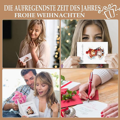 12 Weihnachtskarten mit Umschlag Set - Hochwertiges Klappkarten Weihnachten Set mit Sprüche - A6 Merry Christmas Cards Aquarell Waldtiere - Blanko Seiten zum Schreiben und Drucken