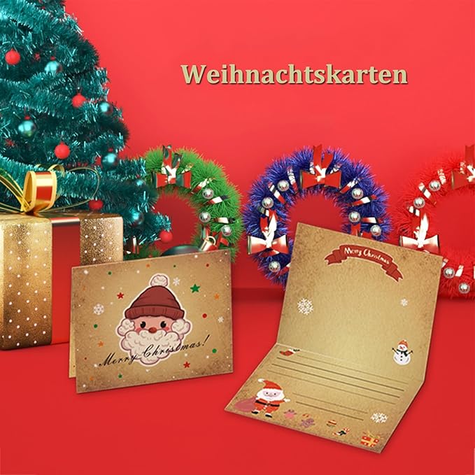 Koboko 12 Stück Weihnachtskarten Set, Klappkarten für Weihnachten, Weihnachtskarten Postkarten Kommt mit 6 Designs Merry Christmas, Weihnachtskarte zum Aufklappen, für Männer, Frauen und Kinder