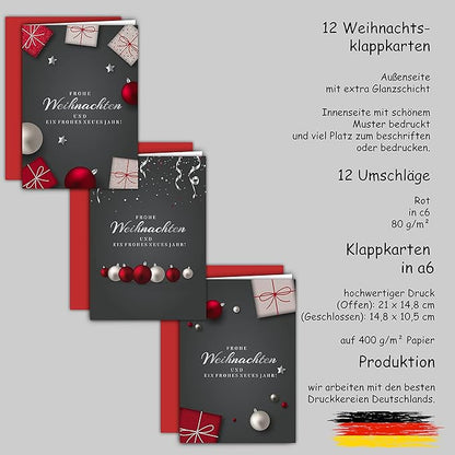 12 Weihnachtskarten Set Klappkarten A6 mit Umschlägen Karte Karten Umschlag glanz Frohe Weihnachten Merry Christmas xmas grau rot schwarz Kugel Geschenk Weihnachtsgrüße