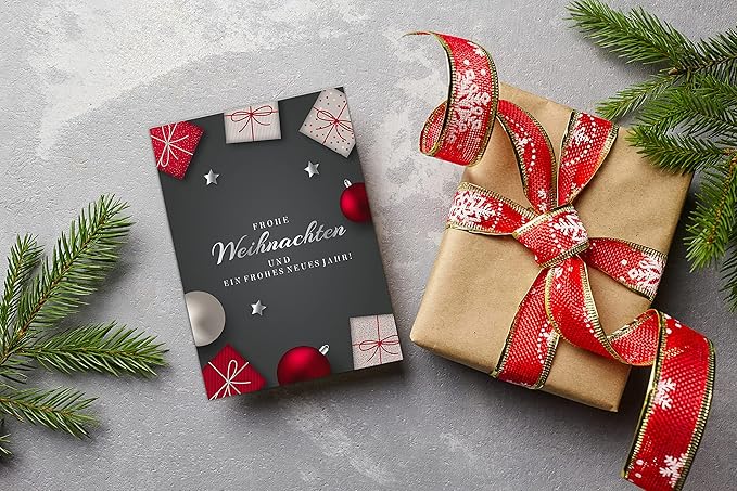 12 Weihnachtskarten Set Klappkarten A6 mit Umschlägen Karte Karten Umschlag glanz Frohe Weihnachten Merry Christmas xmas grau rot schwarz Kugel Geschenk Weihnachtsgrüße