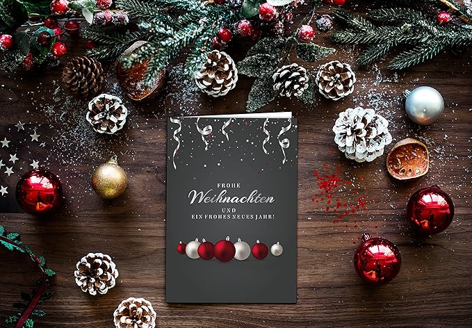 12 Weihnachtskarten Set Klappkarten A6 mit Umschlägen Karte Karten Umschlag glanz Frohe Weihnachten Merry Christmas xmas grau rot schwarz Kugel Geschenk Weihnachtsgrüße