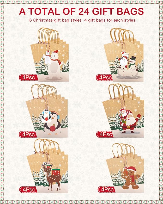 Geschenktüten Weihnachten,24 Pcs Papiertüten Mit Henkel,Apiertüten ,Inklusive Aufkleber und Hängeetiketten,23x17.5x9 cm,Verwendet, um Weihnachtsgeschenke zu Lagern