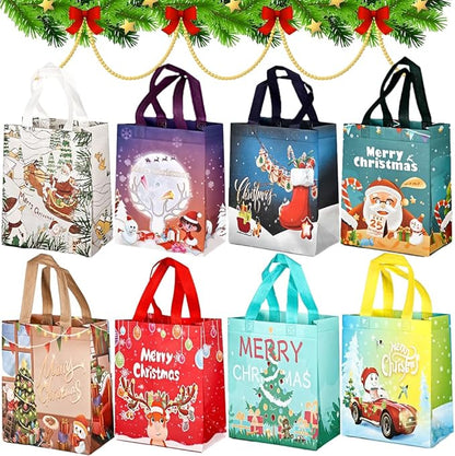 8 Stück Geschenktüten Weihnachten,26 x 21 x 12 cm Geschenktaschen Weihnachten,Weihnachtstaschen,Weihnachts Geschenktüten,Weihnachtstüten mit Griffen,Wiederverwendbare Weihnachtsgeschenktüten