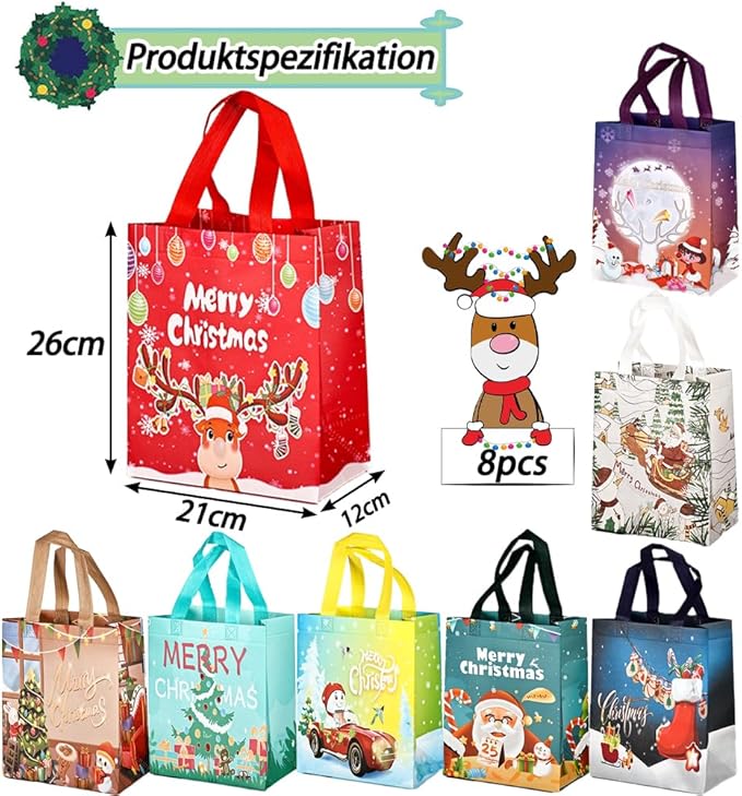 8 Stück Geschenktüten Weihnachten,26 x 21 x 12 cm Geschenktaschen Weihnachten,Weihnachtstaschen,Weihnachts Geschenktüten,Weihnachtstüten mit Griffen,Wiederverwendbare Weihnachtsgeschenktüten