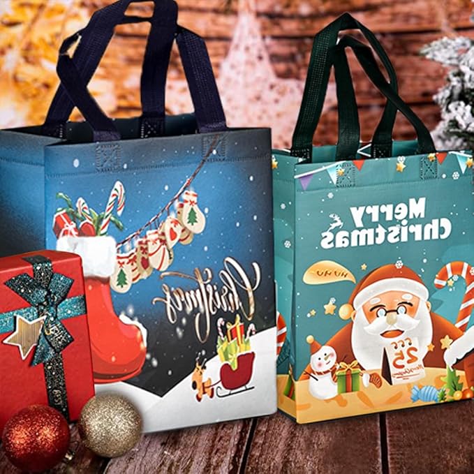 8 Stück Geschenktüten Weihnachten,26 x 21 x 12 cm Geschenktaschen Weihnachten,Weihnachtstaschen,Weihnachts Geschenktüten,Weihnachtstüten mit Griffen,Wiederverwendbare Weihnachtsgeschenktüten