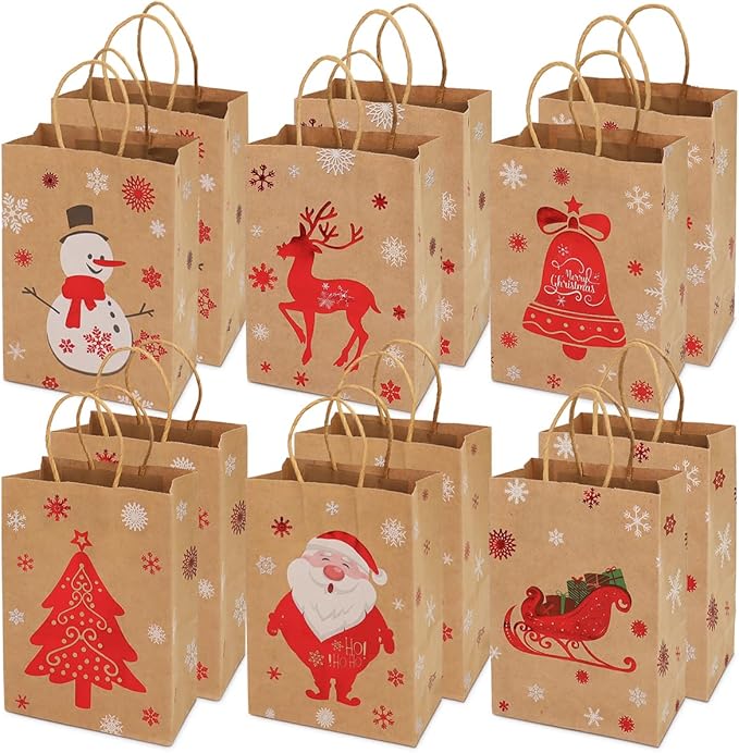 Weihnachtsdekoration, 12 Stück Weihnachtskraft Geschenktüten Weihnachtspapiertüten mit Griffen Weihnachtstüten mit Weihnachtsdruck zum Verpacken von Geschenken, Partybedarf