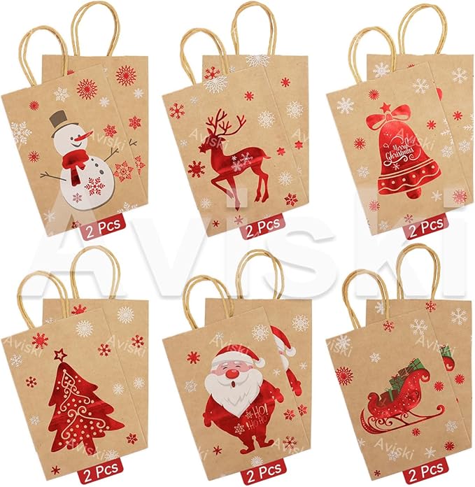 Weihnachtsdekoration, 12 Stück Weihnachtskraft Geschenktüten Weihnachtspapiertüten mit Griffen Weihnachtstüten mit Weihnachtsdruck zum Verpacken von Geschenken, Partybedarf