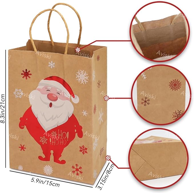 Weihnachtsdekoration, 12 Stück Weihnachtskraft Geschenktüten Weihnachtspapiertüten mit Griffen Weihnachtstüten mit Weihnachtsdruck zum Verpacken von Geschenken, Partybedarf