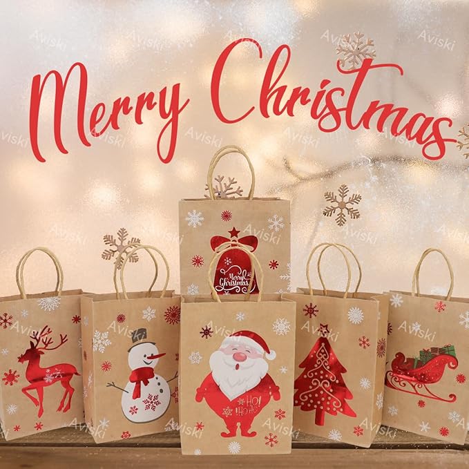 Weihnachtsdekoration, 12 Stück Weihnachtskraft Geschenktüten Weihnachtspapiertüten mit Griffen Weihnachtstüten mit Weihnachtsdruck zum Verpacken von Geschenken, Partybedarf