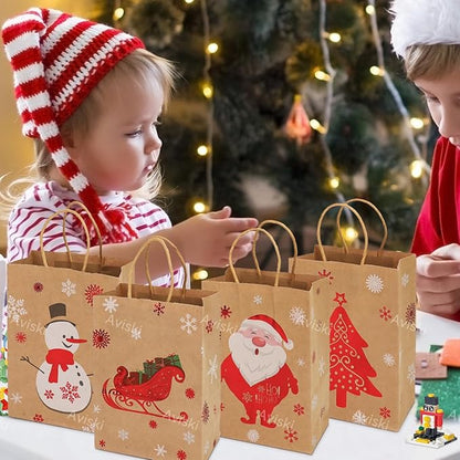 Weihnachtsdekoration, 12 Stück Weihnachtskraft Geschenktüten Weihnachtspapiertüten mit Griffen Weihnachtstüten mit Weihnachtsdruck zum Verpacken von Geschenken, Partybedarf