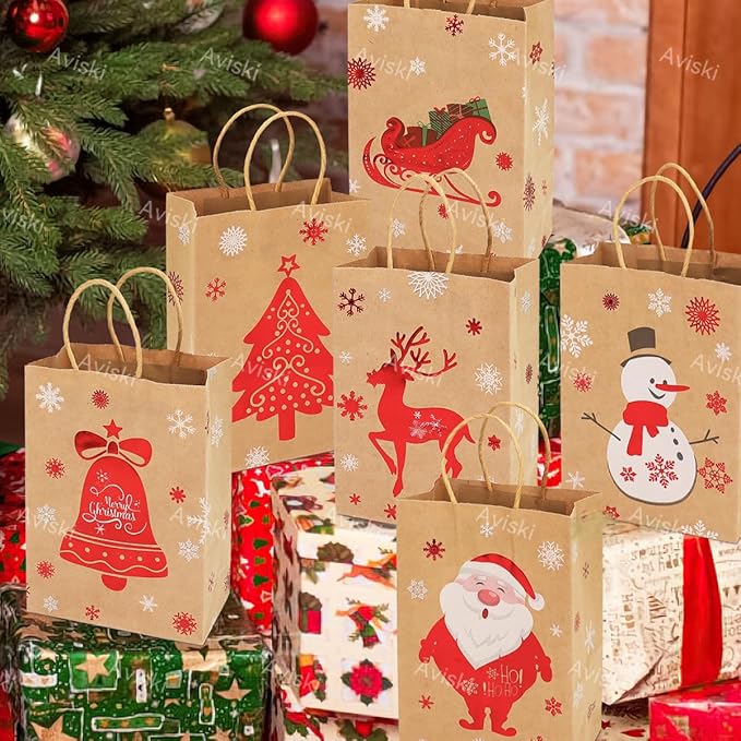 Weihnachtsdekoration, 12 Stück Weihnachtskraft Geschenktüten Weihnachtspapiertüten mit Griffen Weihnachtstüten mit Weihnachtsdruck zum Verpacken von Geschenken, Partybedarf