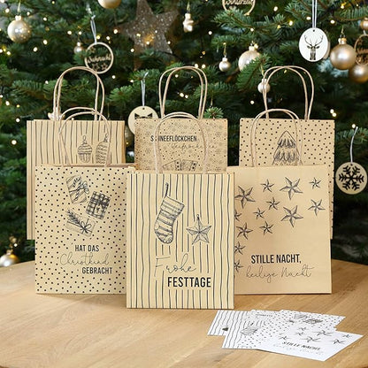 Papierdrachen 6 Bedruckte Henkeltüten zu Weihnachten - Braun mit Schwarz - 22x18x8cm - weihnachtliche Geschenkverpackung - Geschenktüten Set 1