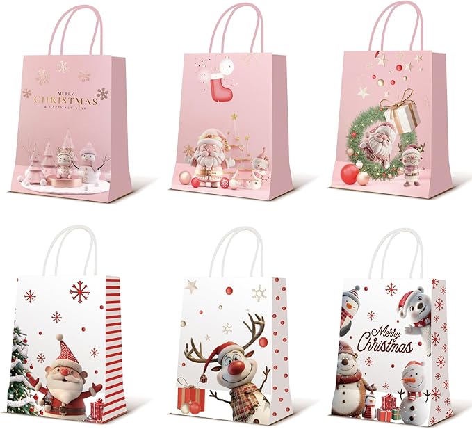 EDWINENE 24 Stück Papiertüten Weihnachten Geschenktüten mit Henkel, Weihnachtstaschen aus Kraftpapier, Geschenkverpackung für Weihnachtsfeier begünstigt Süßigkeitenparty